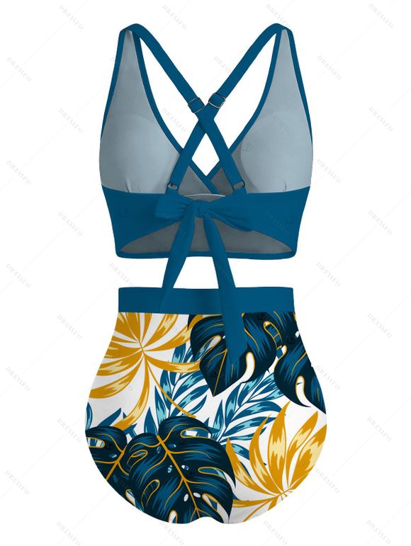 Hawaiian Vacation Couple Outfit Crossover Monstera Leaf Print Ruched Swimsuit and Shirt Set - Paon Bleu S | US 4