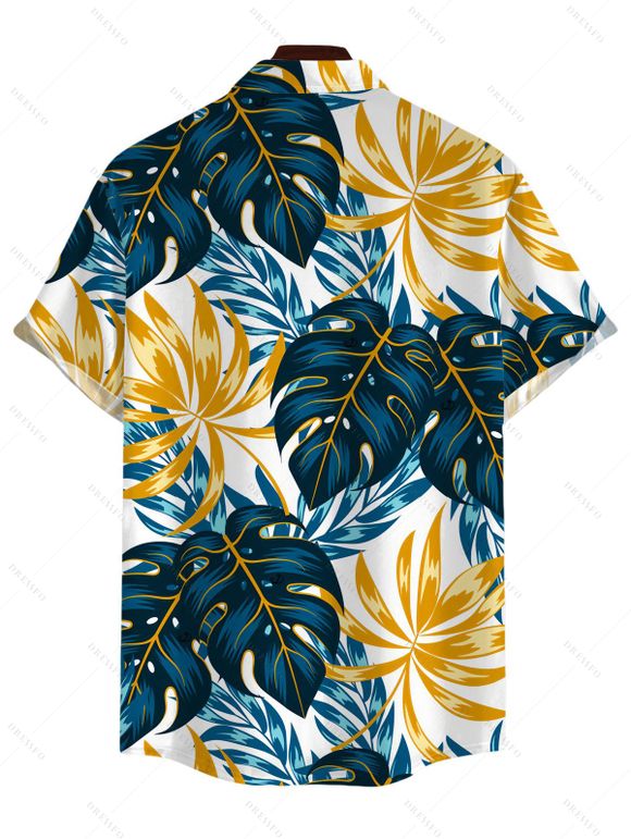 Chemise hawaïenne pour homme, imprimé feuilles de monstera, boutonnée - Paon Bleu 5XL