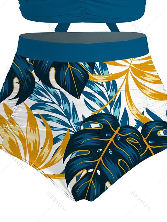 Ensemble maillot de bain de vacances hawaïen, shorty froncé à imprimé feuilles de monstera croisé - Paon Bleu XXL | US 14