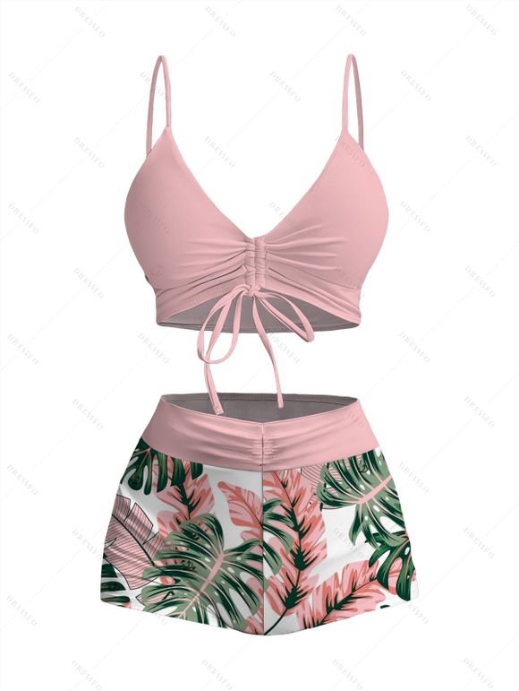 Hawaiian Vacation Couple Outfit Cinched Monstera Palm Leaf Print Swimsuit and Shirt Set - Rose S | US 4