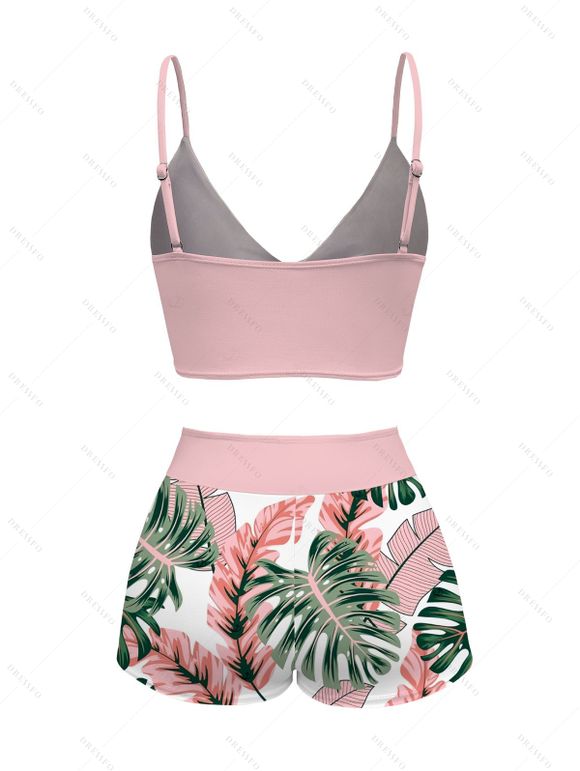 Hawaiian Vacation Couple Outfit Cinched Monstera Palm Leaf Print Swimsuit and Shirt Set - Rose S | US 4