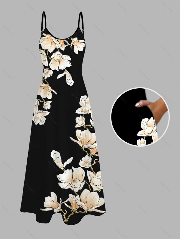 Vacation Couple Outfit Ink Wash Magnolia Floral Print Pocket Long Dress and Shirt Set - Brun Doré S | US 4