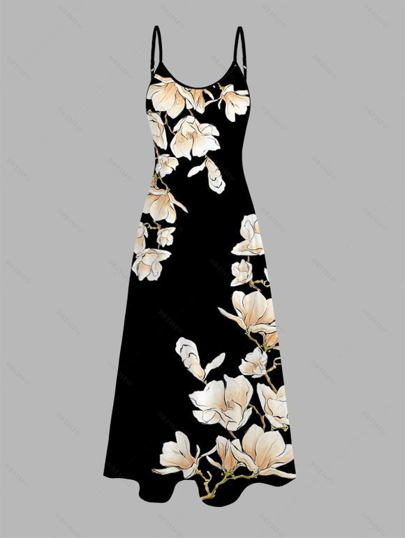 Vacation Couple Outfit Ink Wash Magnolia Floral Print Pocket Long Dress and Shirt Set - Brun Doré S | US 4