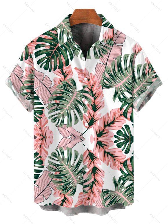 Hawaiian Vacation Couple Outfit Cinched Monstera Palm Leaf Print Swimsuit and Shirt Set - Rose S | US 4