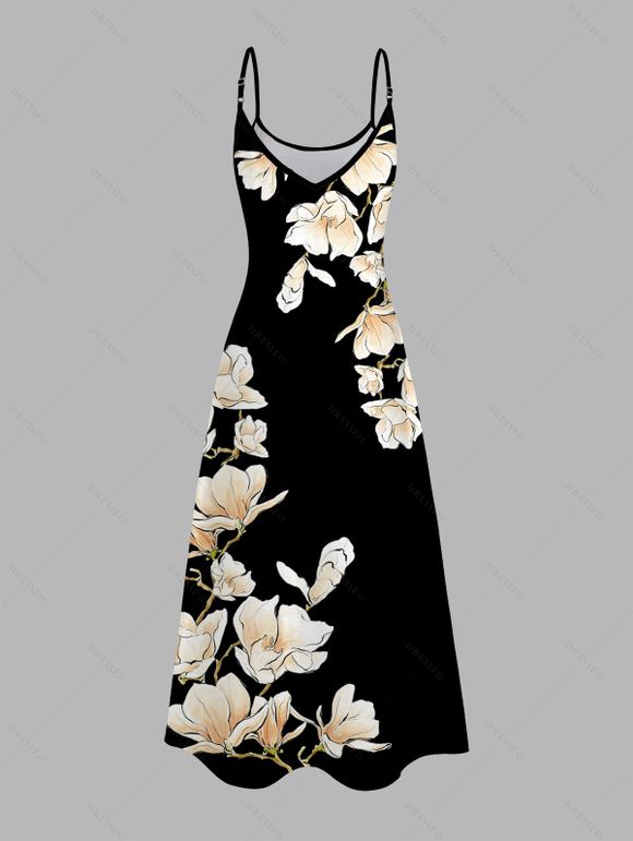 Vacation Couple Outfit Ink Wash Magnolia Floral Print Pocket Long Dress and Shirt Set - Brun Doré S | US 4