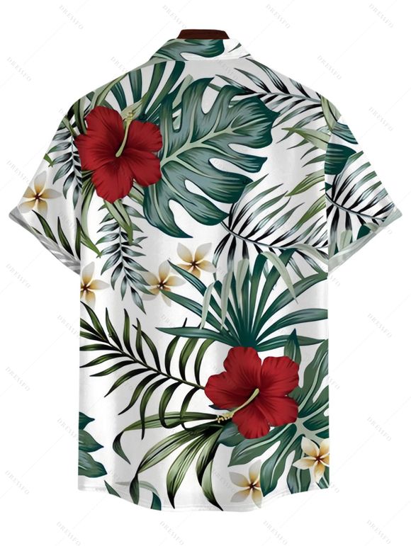 Vacation Couple Outfit Palm Leaf Hibiscus Print Crossover Ruched Swimsuit and Shirt Set - PLANT GREEN S | US 4
