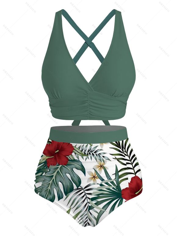Vacation Couple Outfit Palm Leaf Hibiscus Print Crossover Ruched Swimsuit and Shirt Set - PLANT GREEN S | US 4