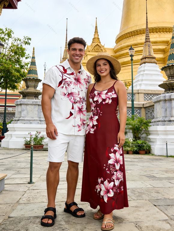 Vacation Couple Outfit Lily Floral Leaf Pattern Pocket Spaghetti Strap A Line Long Tank Dress and Button Up Shirt Casual Matching Outfit - Rouge foncé S | US 4