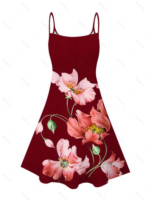 Robe de vacances à imprimé floral aquarelle coquelicots, mini-robe à bretelles spaghetti - Rouge Vineux XXXXXL | US 20