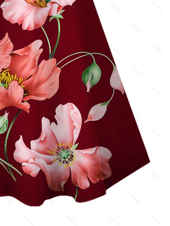 Robe de vacances à imprimé floral aquarelle coquelicots, mini-robe à bretelles spaghetti - Rouge Vineux XXXXXL | US 20