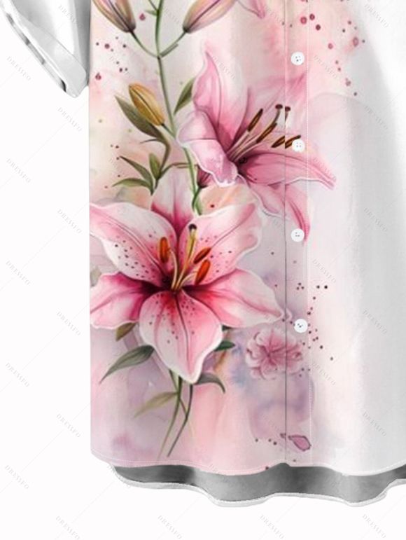 Chemise de vacances pour homme, imprimé floral tie-dye lys, chemise boutonnée - Blanc 5XL