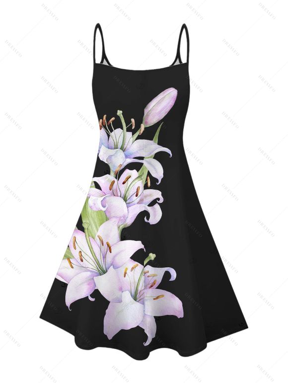 Robe de vacances à imprimé floral Lily et bretelles spaghetti, mini-robe - Noir XXXXXL | US 20