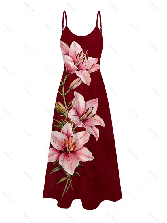 Robe de vacances Lily à imprimé floral et bretelles spaghetti, robe longue - Rouge Vineux XXXXXL | US 20