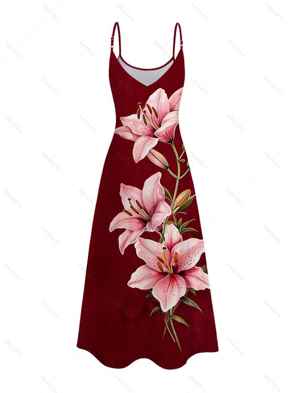 Robe de vacances Lily à imprimé floral et bretelles spaghetti, robe longue - Rouge Vineux XXXXXL | US 20