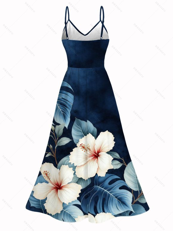 Robe de vacances imprimée de feuilles d'hibiscus aquarelle, fente en dentelle ajourée - Bleu Marine XXXXXL | US 20