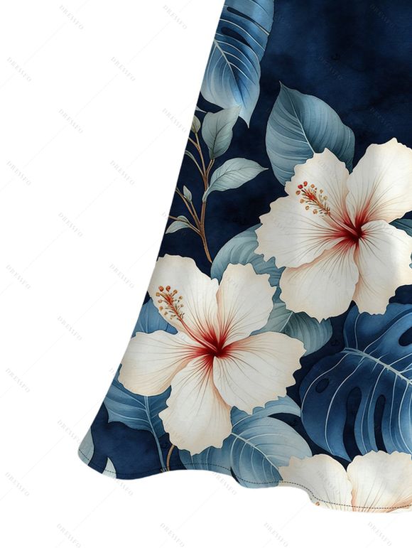 Robe de vacances imprimée de feuilles d'hibiscus aquarelle, fente en dentelle ajourée - Bleu Marine XXXXXL | US 20