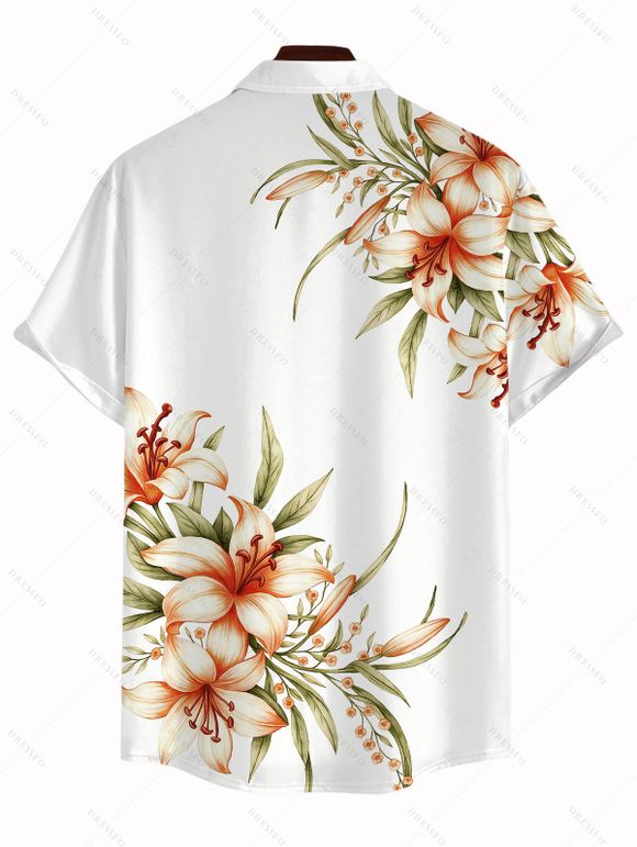 Chemise de vacances pour homme à imprimé floral lys et feuilles, boutonnée - Blanc 2XL