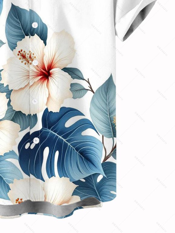 Chemise de vacances pour homme, imprimé floral aquarelle hibiscus, chemise boutonnée - Blanc 5XL
