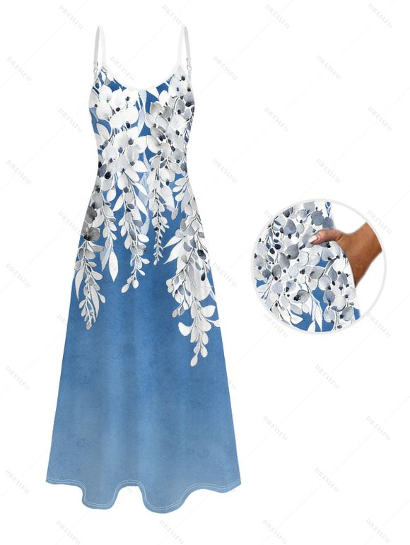 Two-tone Vacation Couple Outfit Watercolor Ombre Leaf Print Long Dress and Shirt Set - Bleu Ciel S | US 4