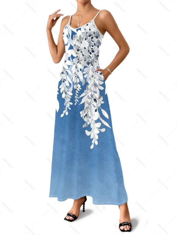 Two-tone Vacation Couple Outfit Watercolor Ombre Leaf Print Long Dress and Shirt Set - Bleu Ciel S | US 4