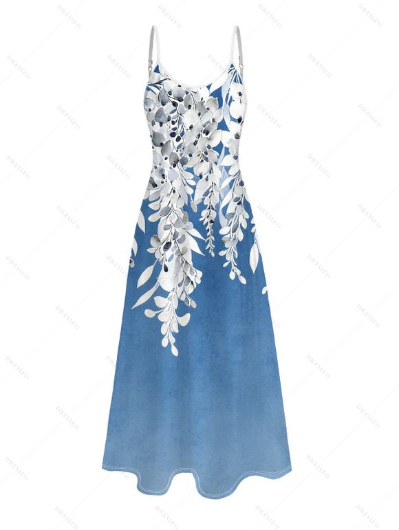 Two-tone Vacation Couple Outfit Watercolor Ombre Leaf Print Long Dress and Shirt Set - Bleu Ciel S | US 4