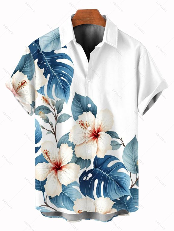 Two-tone Vacation Couple Outfit Hibiscus Floral Leaf Print Slit Lace Hollow Out Dress and Shirt Set - Bleu de Minuit S | US 4