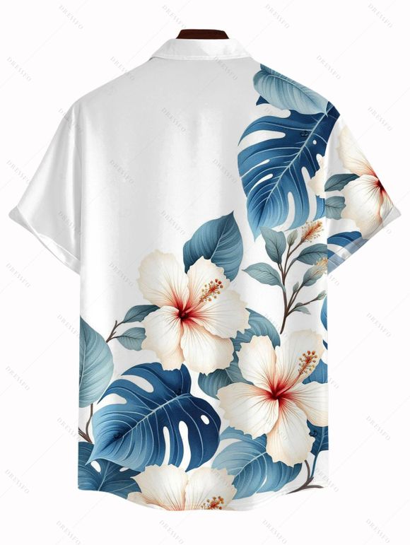 Two-tone Vacation Couple Outfit Hibiscus Floral Leaf Print Slit Lace Hollow Out Dress and Shirt Set - Bleu de Minuit S | US 4