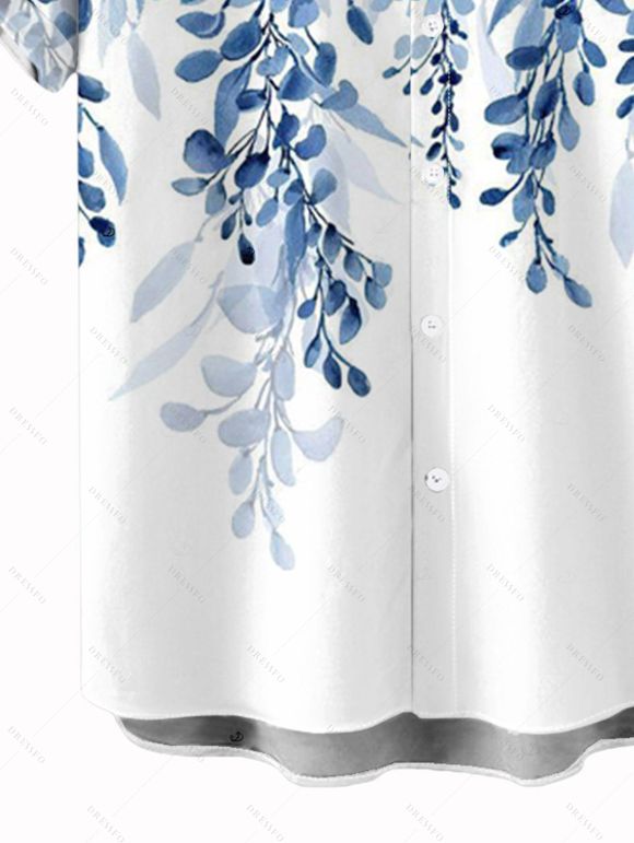 Two-tone Vacation Couple Outfit Watercolor Ombre Leaf Print Long Dress and Shirt Set - Bleu Ciel S | US 4