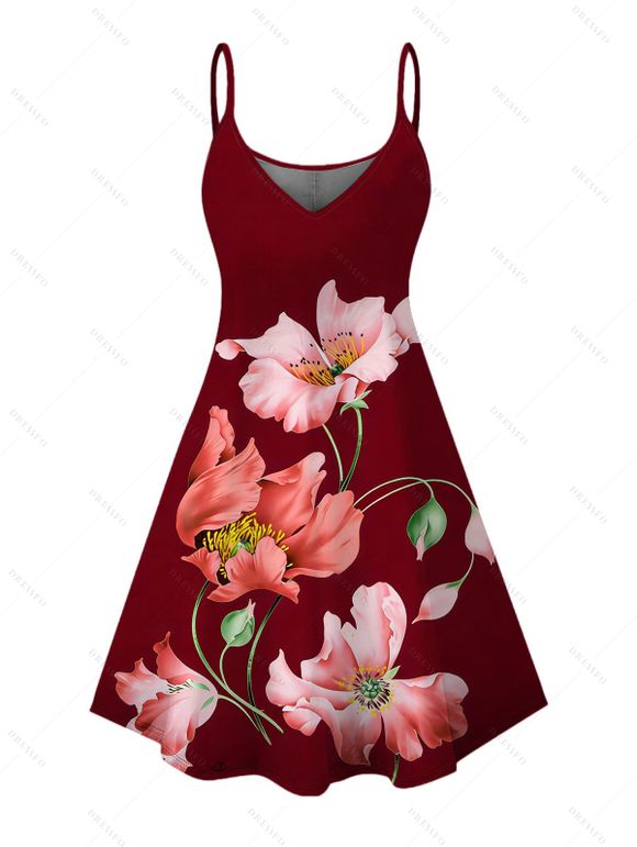 Two-tone Vacation Couple Outfit Watercolor Poppy Floral Print Spaghetti Strap Dress and Shirt Set - Rouge Vineux S | US 4