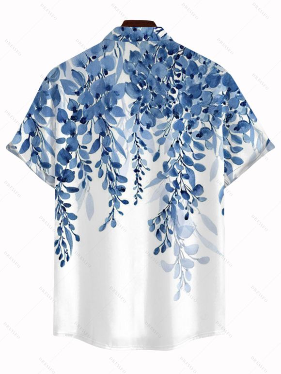 Chemise de vacances pour homme, imprimé feuilles aquarelle ombrées, boutonnée - Bleu Ciel 5XL