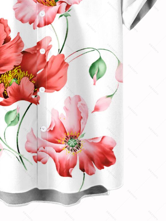 Two-tone Vacation Couple Outfit Watercolor Poppy Floral Print Spaghetti Strap Dress and Shirt Set - Rouge Vineux S | US 4