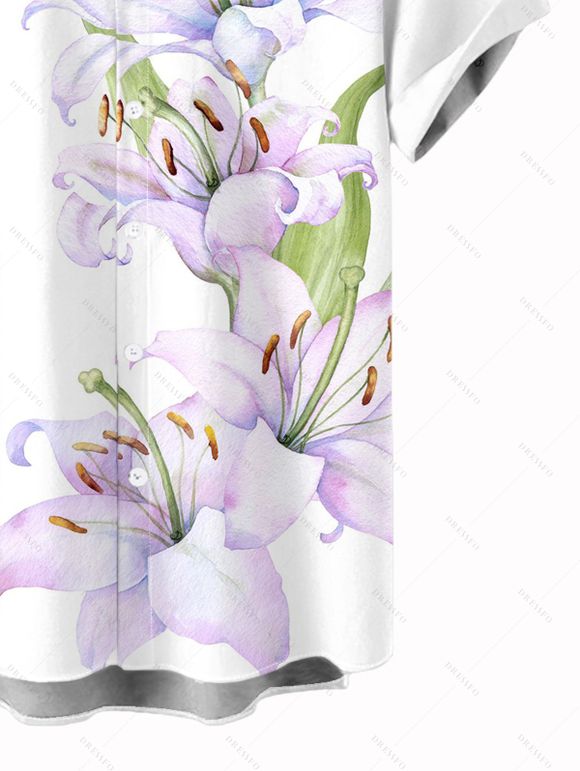 Two-tone Vacation Couple Outfit Lily Floral Bud Print Mini Dress and Shirt Set - Blanc S | US 4