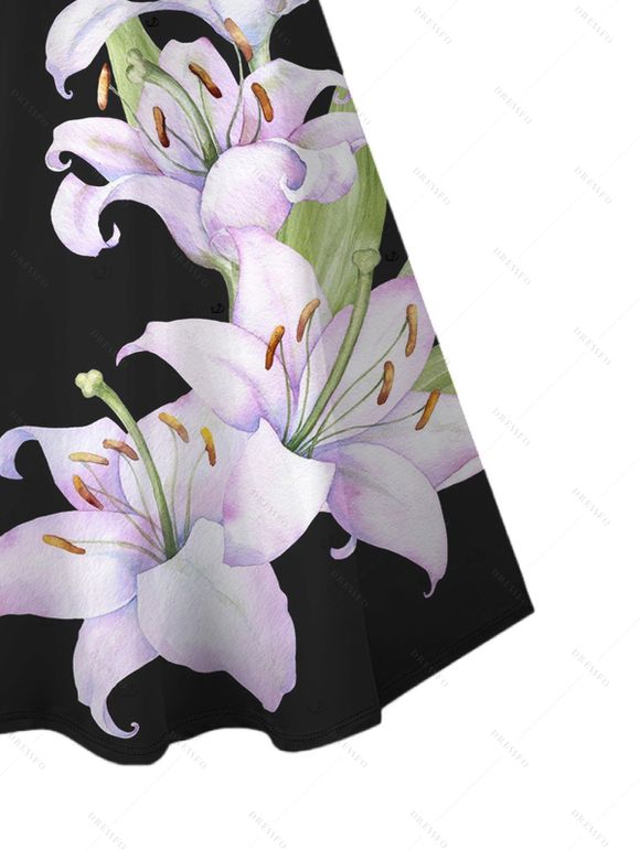 Two-tone Vacation Couple Outfit Lily Floral Bud Print Mini Dress and Shirt Set - Blanc S | US 4