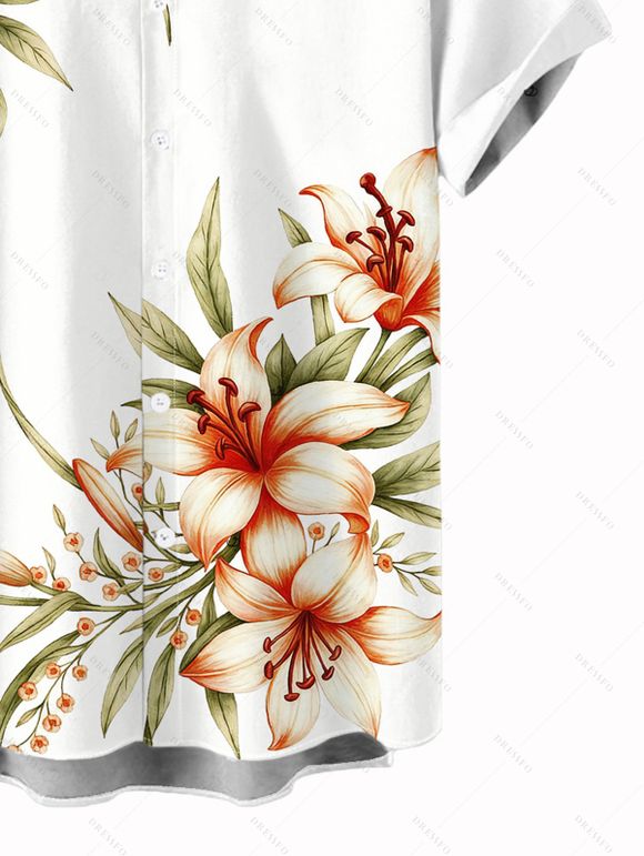 Two-tone Vacation Couple Outfit Lily Floral Leaf Print Spaghetti Strap Mini Dress and Shirt Set - Vert Armée S | US 4