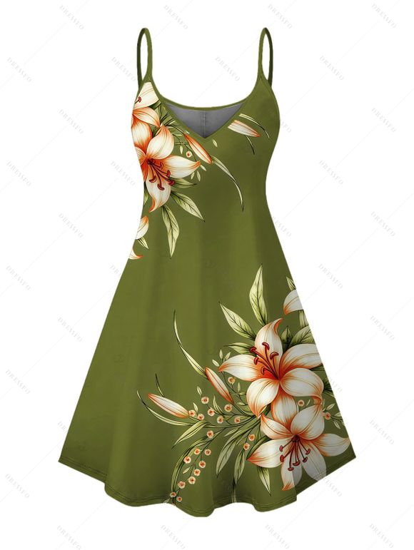 Two-tone Vacation Couple Outfit Lily Floral Leaf Print Spaghetti Strap Mini Dress and Shirt Set - Vert Armée S | US 4
