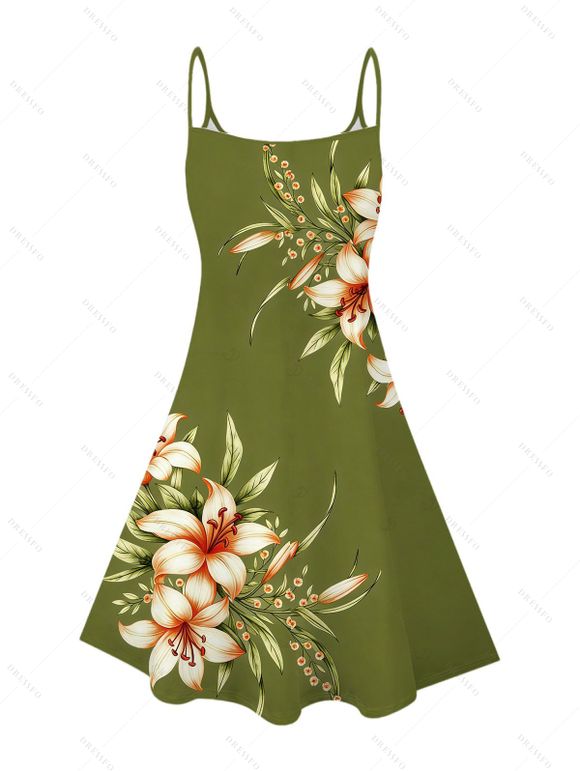 Two-tone Vacation Couple Outfit Lily Floral Leaf Print Spaghetti Strap Mini Dress and Shirt Set - Vert Armée S | US 4
