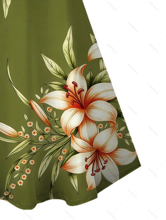 Two-tone Vacation Couple Outfit Lily Floral Leaf Print Spaghetti Strap Mini Dress and Shirt Set - Vert Armée S | US 4