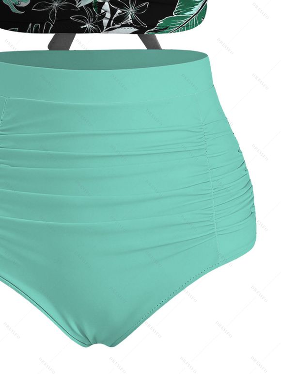 Ensemble de maillot de bain tankini de vacances, imprimé feuilles de monstera, shorty froncé croisé - Turquoise Foncée XXL | US 14