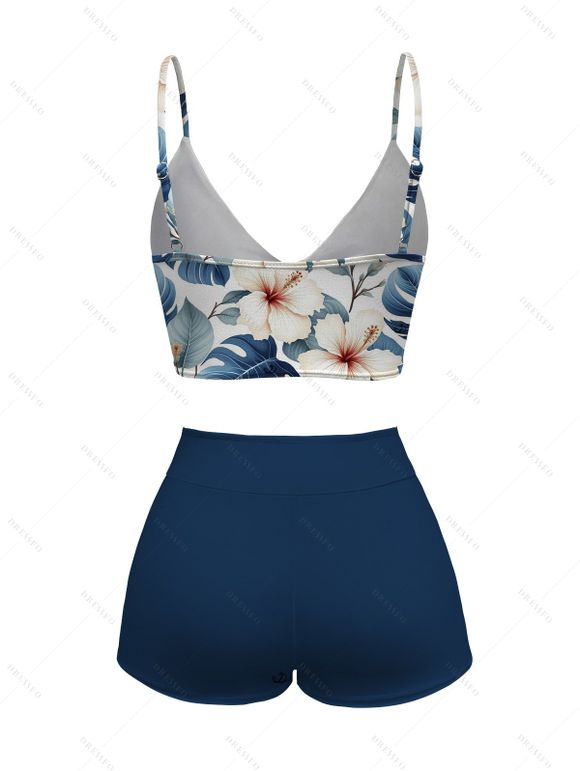 Ensemble de maillot de bain tankini de vacances, imprimé floral tropical hibiscus et feuilles, shorty resserré - Bleu de Minuit XXL | US 14