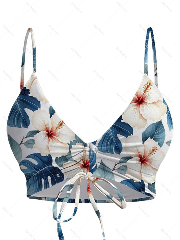 Ensemble de maillot de bain tankini de vacances, imprimé floral tropical hibiscus et feuilles, shorty resserré - Bleu de Minuit XXL | US 14