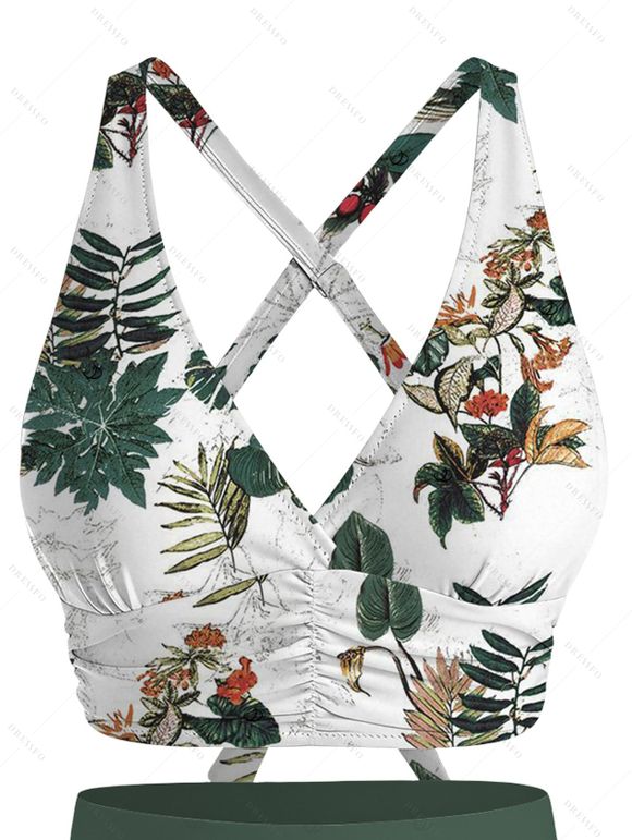 Vacation Swimsuit Set Botanical Floral Leaf Print Crossover Ruched Boyshorts Swimwear - Vert Armée XXL | US 14