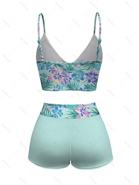 Ensemble de maillot de bain tankini de vacances, imprimé floral tropical hibiscus et palmiers, shorty resserré - Vert clair XXL | US 14