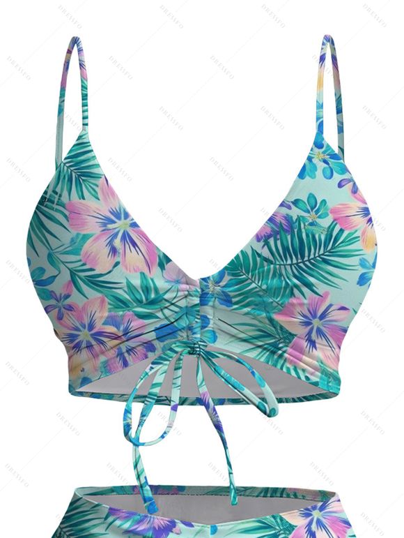 Ensemble de maillot de bain tankini de vacances, imprimé floral tropical hibiscus et palmiers, shorty resserré - Vert clair XXL | US 14