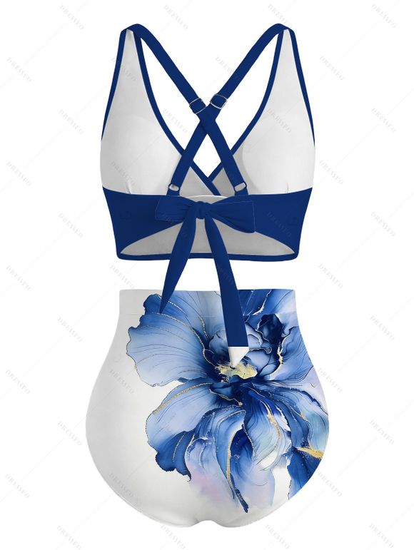 Vacation Swimsuit Set Watercolor Hibiscus Floral Print Crossover Ruched Boyshorts Swimwear - Bleu Marine XXL | US 14