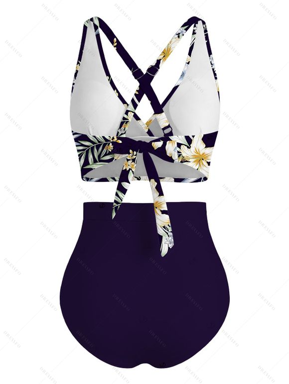 Vacation Swimsuit Set Hibiscus Floral Palm Leaf Crossover Ruched Boyshorts Swimwear - Bleu de Minuit XXL | US 14