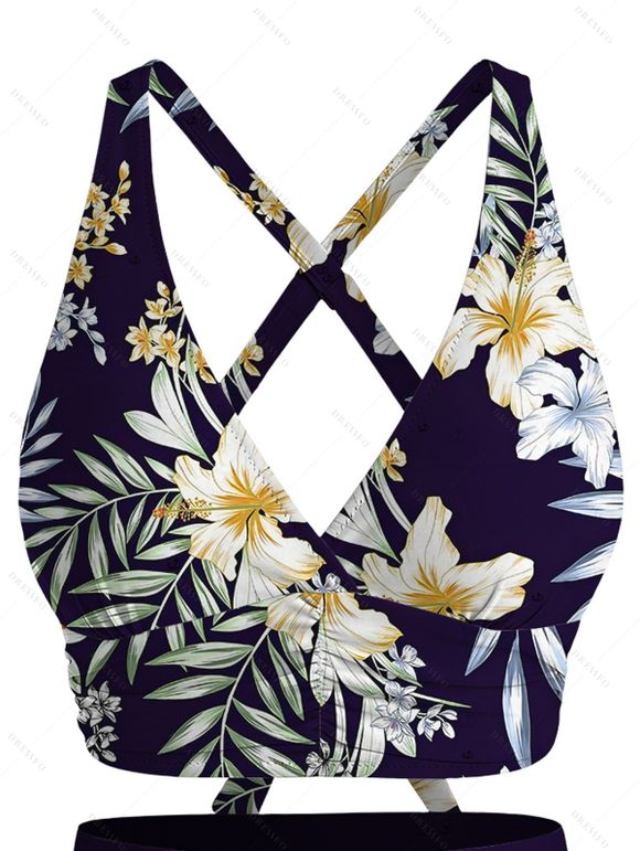 Vacation Swimsuit Set Hibiscus Floral Palm Leaf Crossover Ruched Boyshorts Swimwear - Bleu de Minuit XXL | US 14