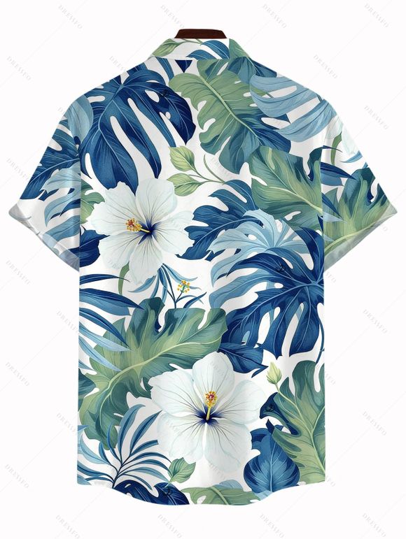 Chemise de vacances pour homme à imprimé floral tropical hibiscus et feuilles, boutonnée - Bleu clair 5XL