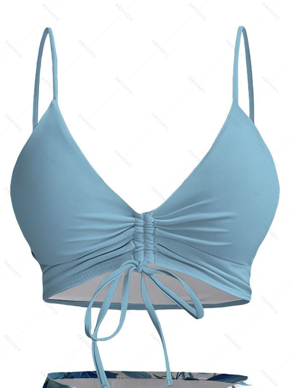 Ensemble maillot de bain tankini de vacances, shorty à imprimé floral tropical hibiscus et feuilles, taille basse - Bleu clair XXL | US 14