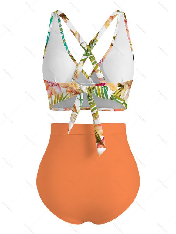 Ensemble maillot de bain de vacances imprimé floral orchidée monstera, shorty froncé croisé - Orange XXL | US 14