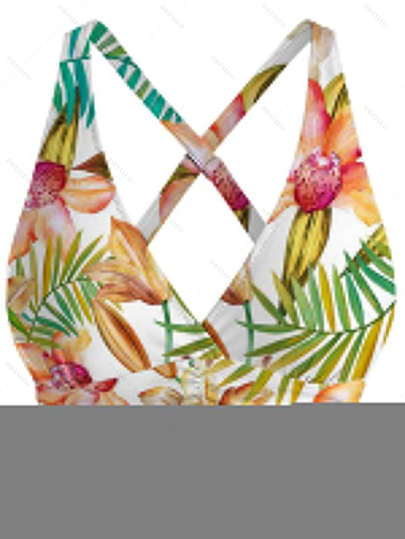 Ensemble maillot de bain de vacances imprimé floral orchidée monstera, shorty froncé croisé - Orange XXL | US 14